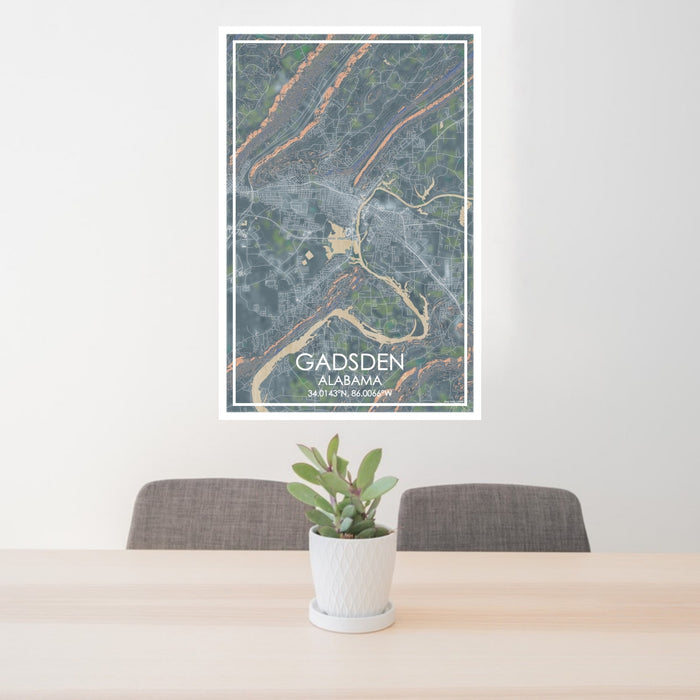 24x36 Gadsden Alabama Map Print Portrait Orientation in Afternoon Style Behind 2 Chairs Table and Potted Plant