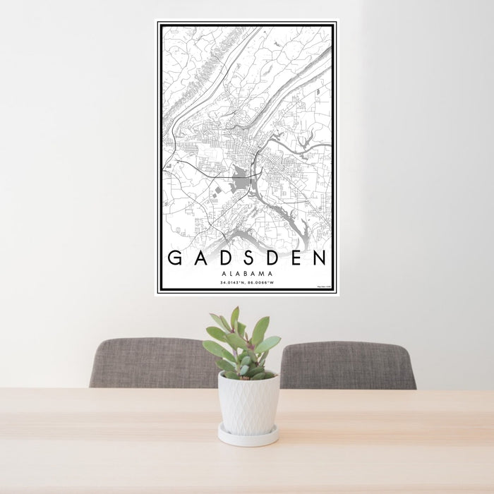 24x36 Gadsden Alabama Map Print Portrait Orientation in Classic Style Behind 2 Chairs Table and Potted Plant