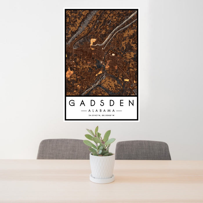 24x36 Gadsden Alabama Map Print Portrait Orientation in Ember Style Behind 2 Chairs Table and Potted Plant