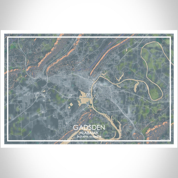 Gadsden Alabama Map Print Landscape Orientation in Afternoon Style With Shaded Background