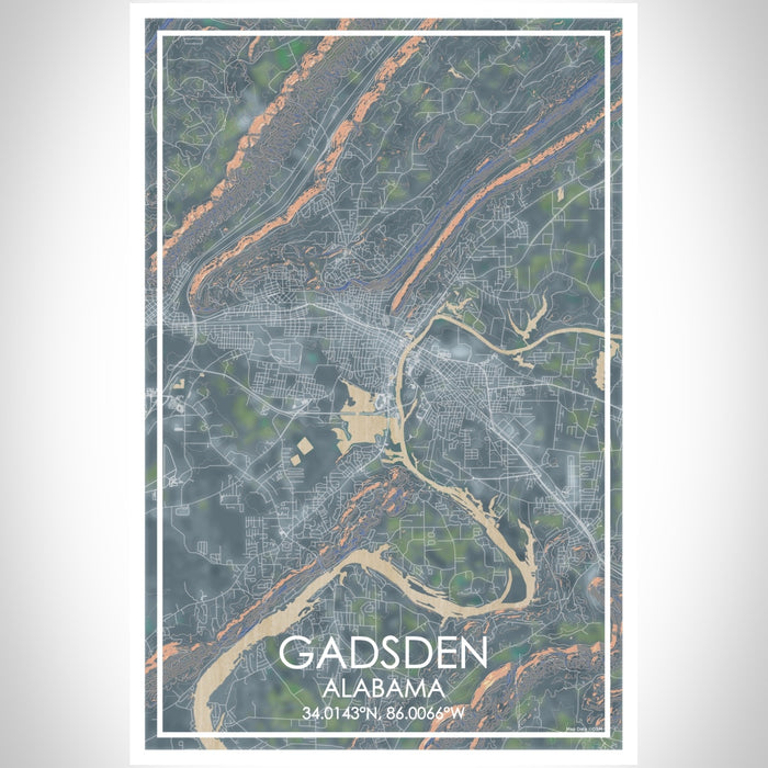 Gadsden Alabama Map Print Portrait Orientation in Afternoon Style With Shaded Background