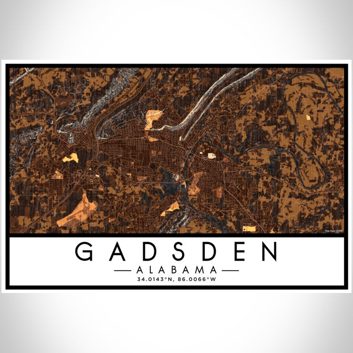 Gadsden Alabama Map Print Landscape Orientation in Ember Style With Shaded Background