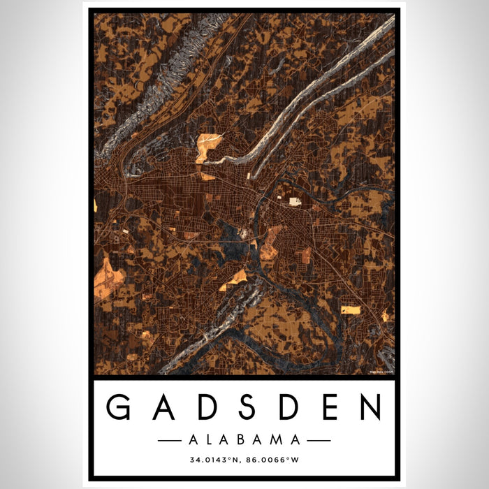 Gadsden Alabama Map Print Portrait Orientation in Ember Style With Shaded Background