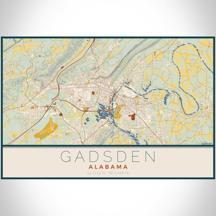 Gadsden Alabama Map Print Landscape Orientation in Woodblock Style With Shaded Background