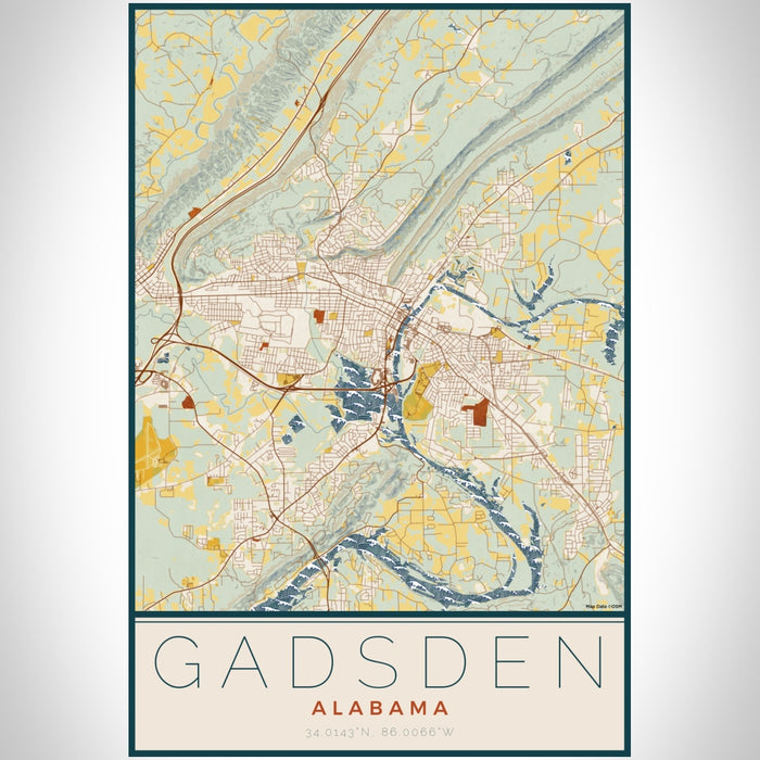Gadsden Alabama Map Print Portrait Orientation in Woodblock Style With Shaded Background