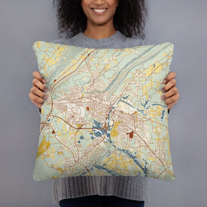 Person holding 18x18 Custom Gadsden Alabama Map Throw Pillow in Woodblock