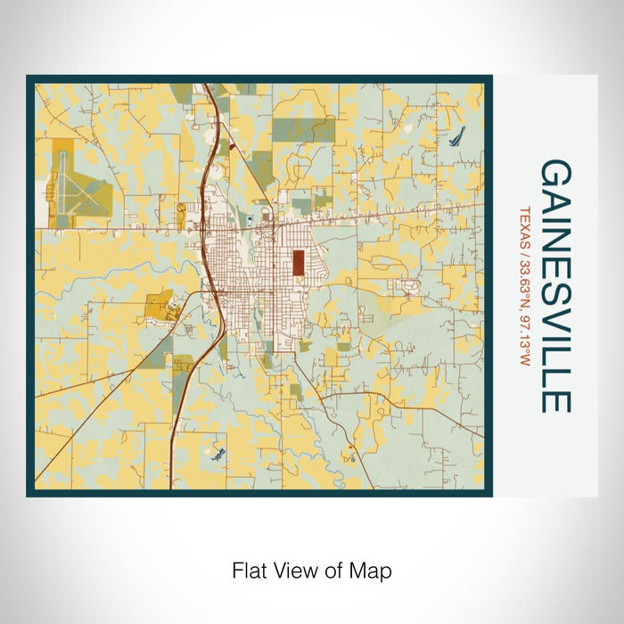 Rendered View of Gainesville Texas Map on 20oz Stainless Steel Insulated Bottle with Bamboo Top with printed woodblock style map