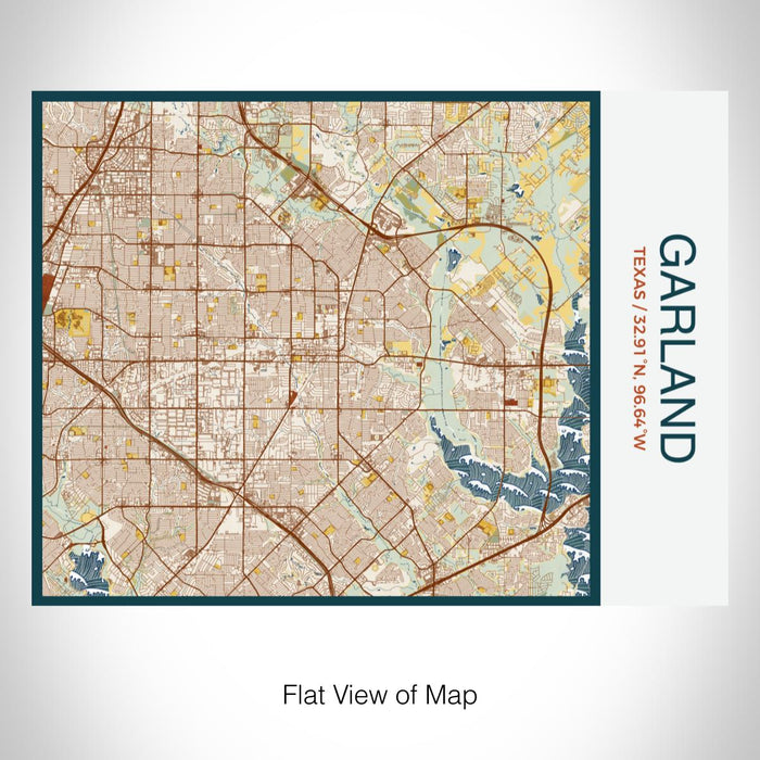 Rendered View of Garland Texas Map on 20oz Stainless Steel Insulated Bottle with Bamboo Top with printed woodblock style map