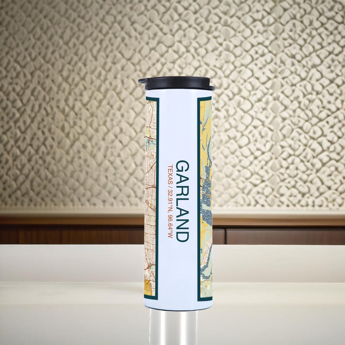 Garland Texas Custom City Map Inscription Coordinates on 17oz Stainless Steel Insulated Tumbler in Woodblock Map Style