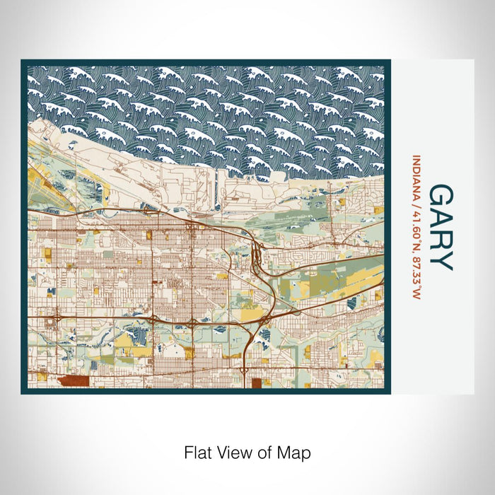 Rendered View of Gary Indiana Map on 20oz Stainless Steel Insulated Bottle with Bamboo Top with printed woodblock style map
