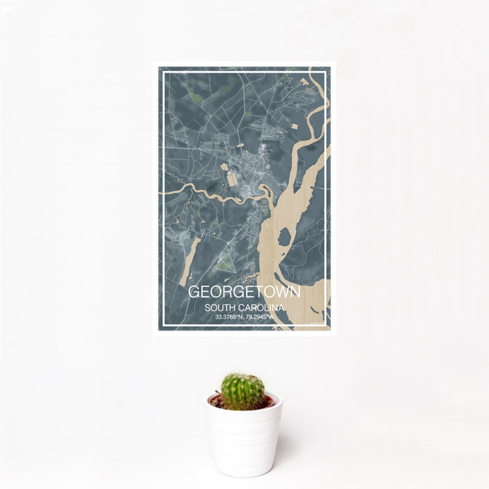 12x18 Georgetown South Carolina Map Print Portrait Orientation in Afternoon Style With Small Cactus Plant in White Planter
