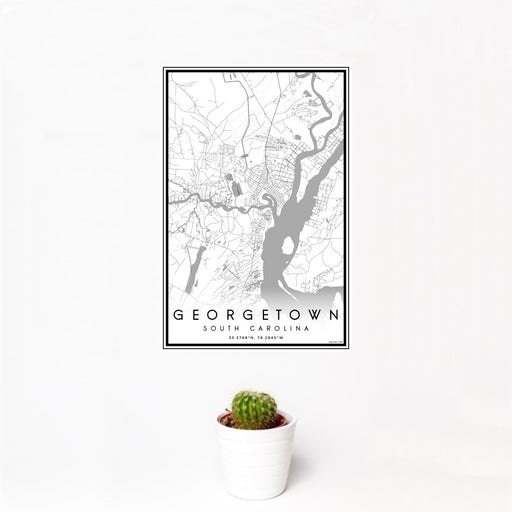 12x18 Georgetown South Carolina Map Print Portrait Orientation in Classic Style With Small Cactus Plant in White Planter