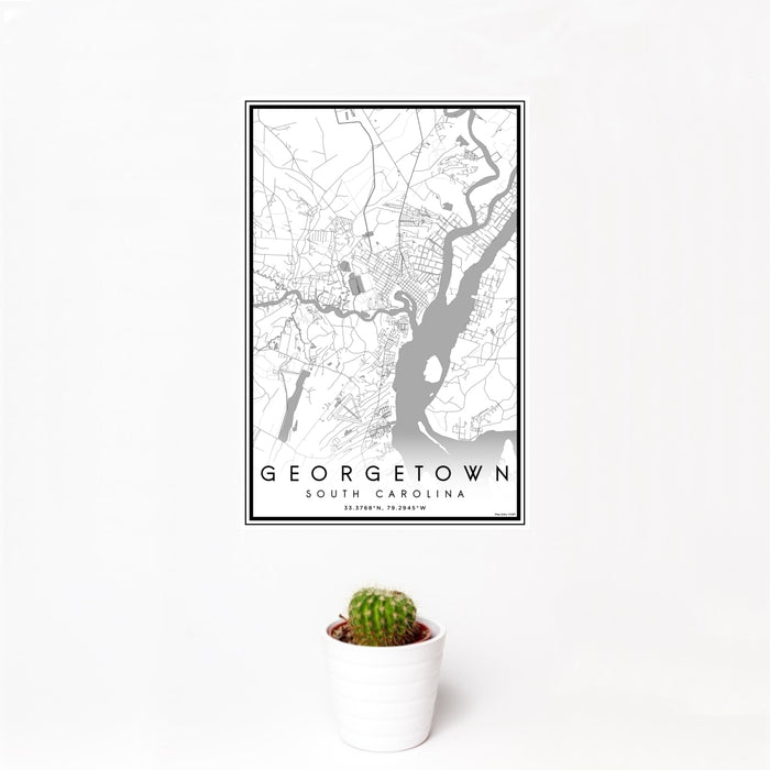 12x18 Georgetown South Carolina Map Print Portrait Orientation in Classic Style With Small Cactus Plant in White Planter