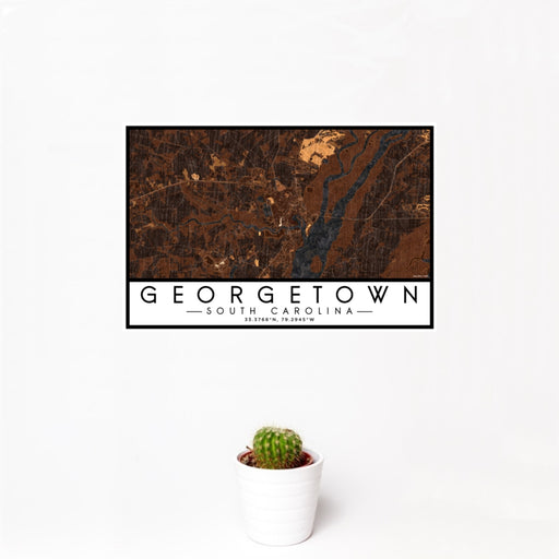 12x18 Georgetown South Carolina Map Print Landscape Orientation in Ember Style With Small Cactus Plant in White Planter