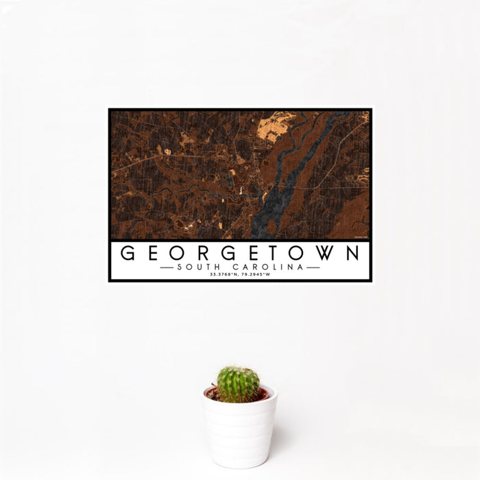12x18 Georgetown South Carolina Map Print Landscape Orientation in Ember Style With Small Cactus Plant in White Planter
