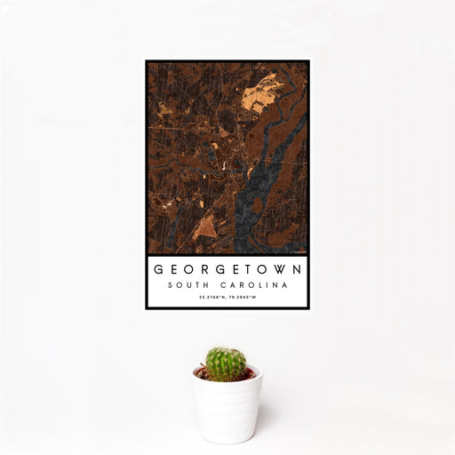 12x18 Georgetown South Carolina Map Print Portrait Orientation in Ember Style With Small Cactus Plant in White Planter