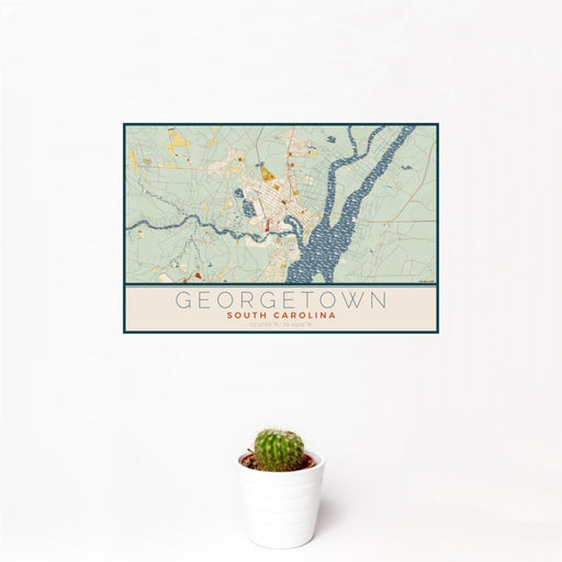 12x18 Georgetown South Carolina Map Print Landscape Orientation in Woodblock Style With Small Cactus Plant in White Planter