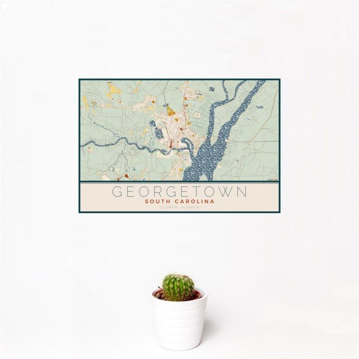 12x18 Georgetown South Carolina Map Print Landscape Orientation in Woodblock Style With Small Cactus Plant in White Planter