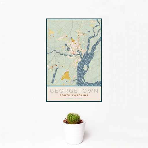 12x18 Georgetown South Carolina Map Print Portrait Orientation in Woodblock Style With Small Cactus Plant in White Planter