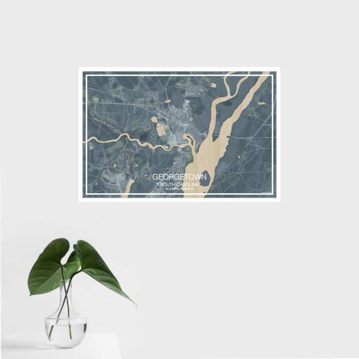 16x24 Georgetown South Carolina Map Print Landscape Orientation in Afternoon Style With Tropical Plant Leaves in Water