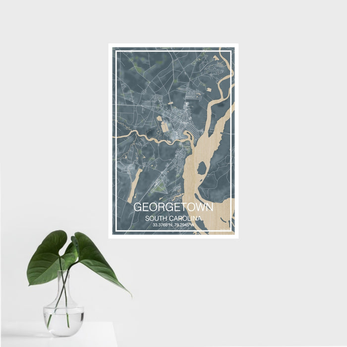 16x24 Georgetown South Carolina Map Print Portrait Orientation in Afternoon Style With Tropical Plant Leaves in Water