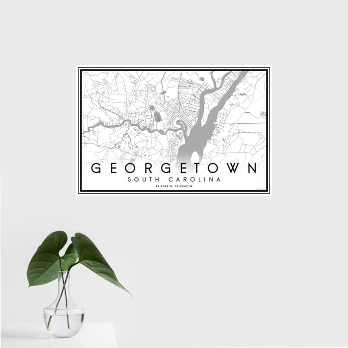 16x24 Georgetown South Carolina Map Print Landscape Orientation in Classic Style With Tropical Plant Leaves in Water
