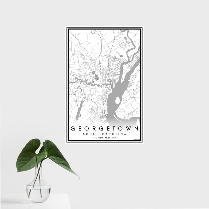 16x24 Georgetown South Carolina Map Print Portrait Orientation in Classic Style With Tropical Plant Leaves in Water