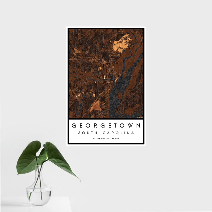 16x24 Georgetown South Carolina Map Print Portrait Orientation in Ember Style With Tropical Plant Leaves in Water