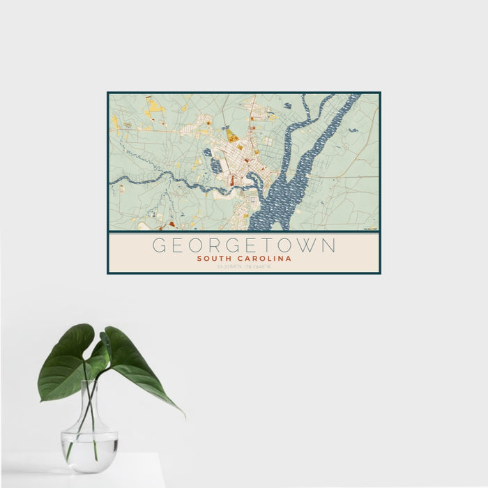 16x24 Georgetown South Carolina Map Print Landscape Orientation in Woodblock Style With Tropical Plant Leaves in Water