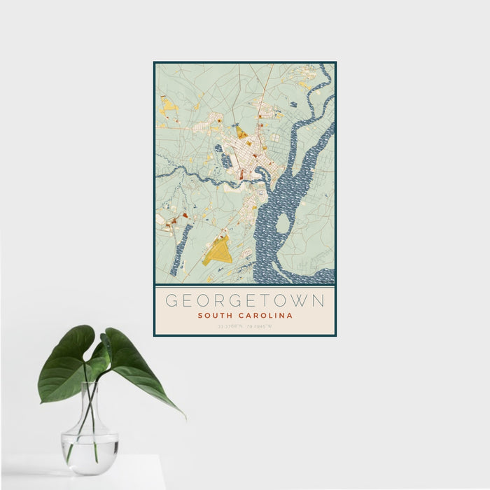 16x24 Georgetown South Carolina Map Print Portrait Orientation in Woodblock Style With Tropical Plant Leaves in Water
