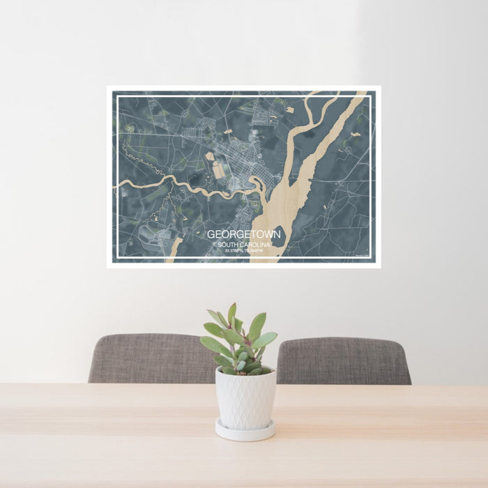 24x36 Georgetown South Carolina Map Print Lanscape Orientation in Afternoon Style Behind 2 Chairs Table and Potted Plant