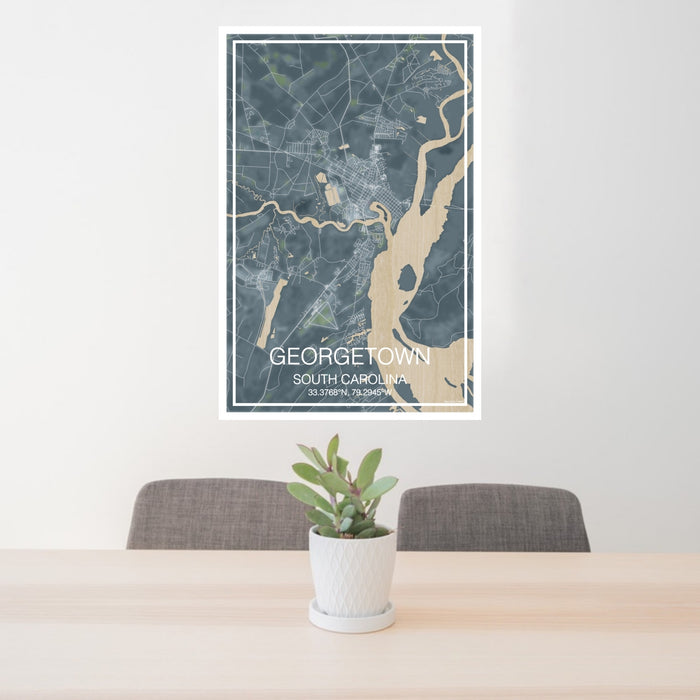 24x36 Georgetown South Carolina Map Print Portrait Orientation in Afternoon Style Behind 2 Chairs Table and Potted Plant