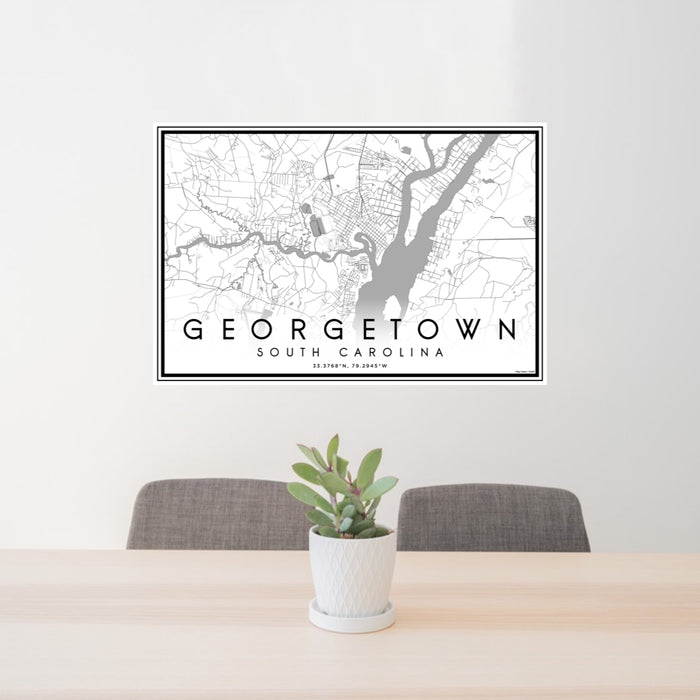 24x36 Georgetown South Carolina Map Print Lanscape Orientation in Classic Style Behind 2 Chairs Table and Potted Plant