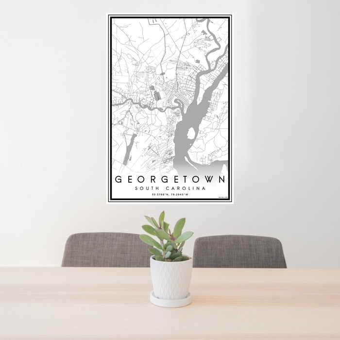 24x36 Georgetown South Carolina Map Print Portrait Orientation in Classic Style Behind 2 Chairs Table and Potted Plant