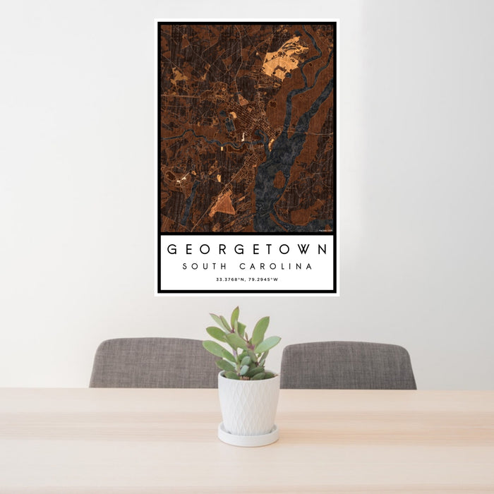 24x36 Georgetown South Carolina Map Print Portrait Orientation in Ember Style Behind 2 Chairs Table and Potted Plant