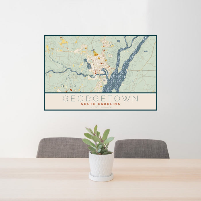 24x36 Georgetown South Carolina Map Print Lanscape Orientation in Woodblock Style Behind 2 Chairs Table and Potted Plant