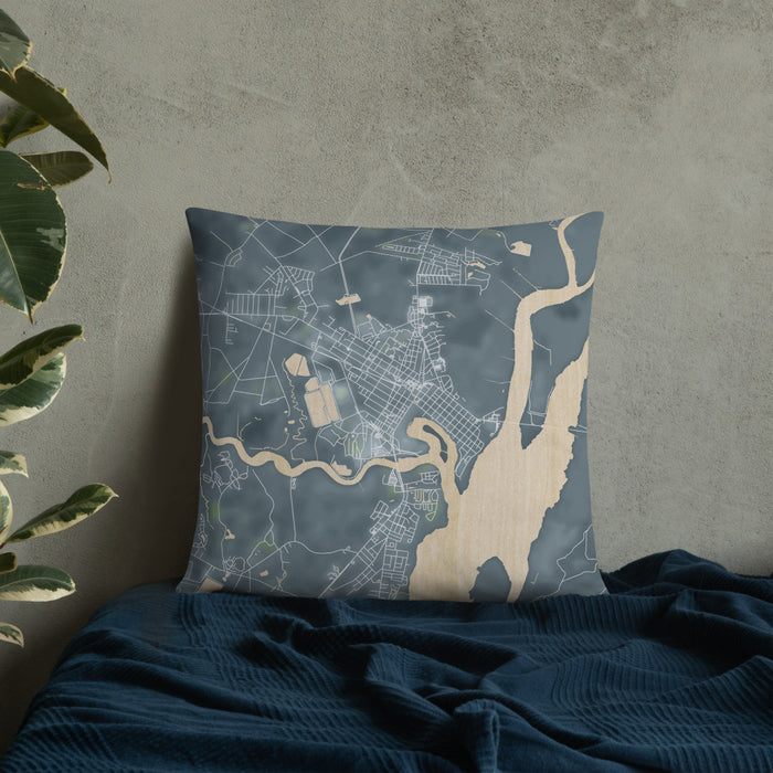 Custom Georgetown South Carolina Map Throw Pillow in Afternoon on Bedding Against Wall