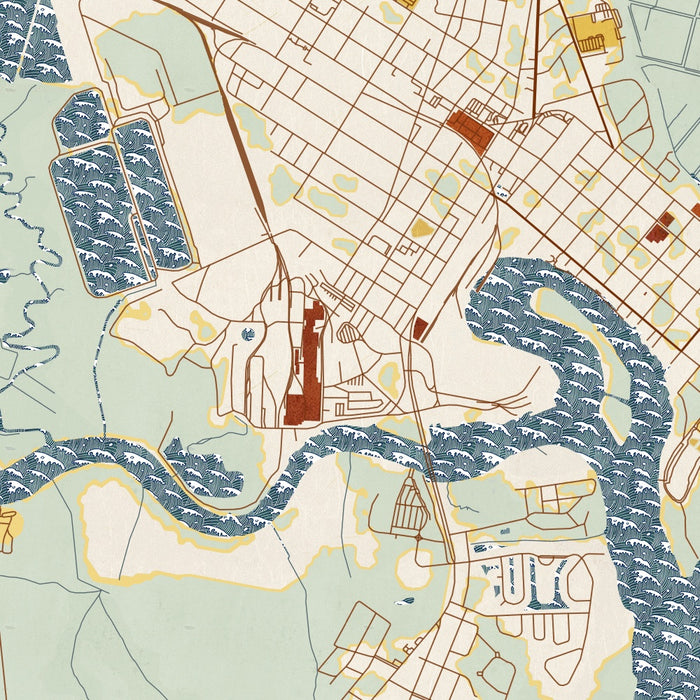 Georgetown South Carolina Map Print in Woodblock Style Zoomed In Close Up Showing Details