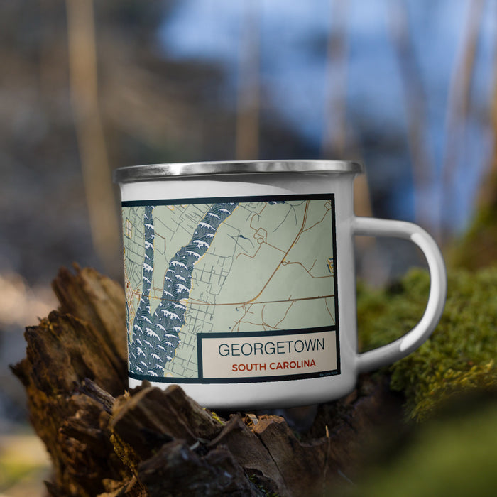Right View Custom Georgetown South Carolina Map Enamel Mug in Woodblock on Grass With Trees in Background