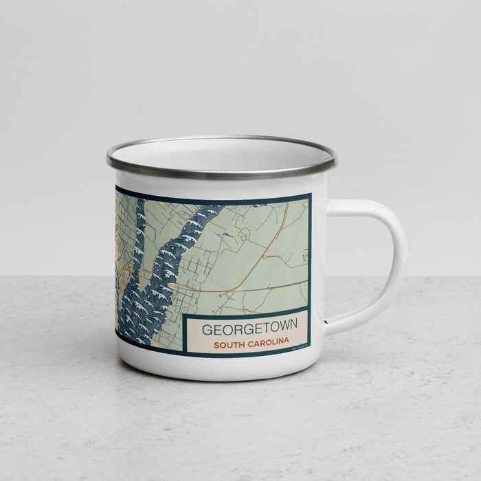 Right View Custom Georgetown South Carolina Map Enamel Mug in Woodblock