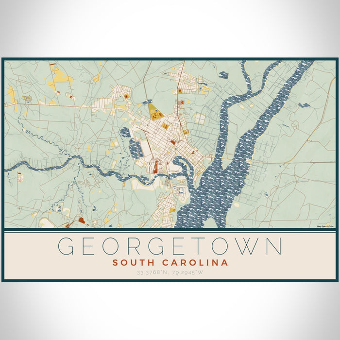 Georgetown South Carolina Map Print Landscape Orientation in Woodblock Style With Shaded Background