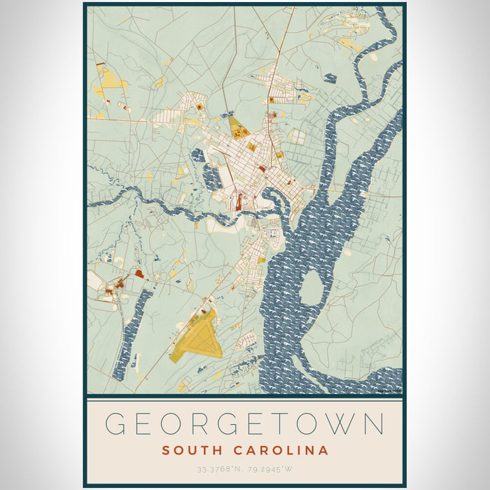 Georgetown South Carolina Map Print Portrait Orientation in Woodblock Style With Shaded Background