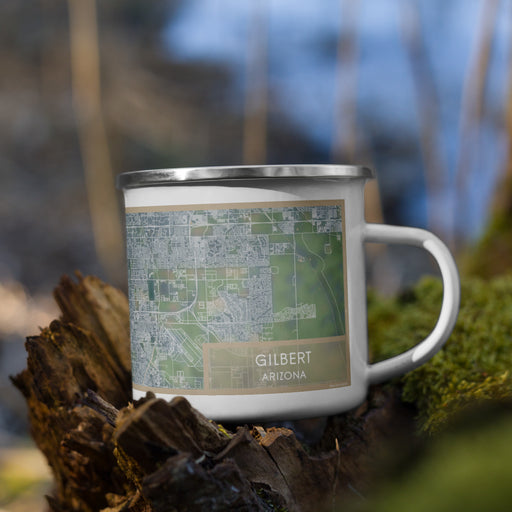 Right View Custom Gilbert Arizona Map Enamel Mug in Afternoon on Grass With Trees in Background