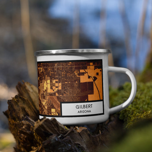 Right View Custom Gilbert Arizona Map Enamel Mug in Ember on Grass With Trees in Background