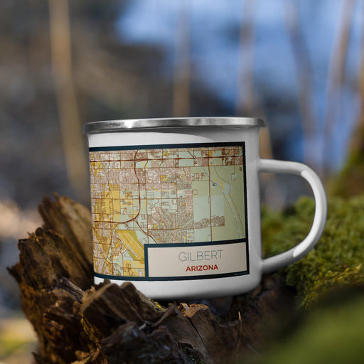 Right View Custom Gilbert Arizona Map Enamel Mug in Woodblock on Grass With Trees in Background