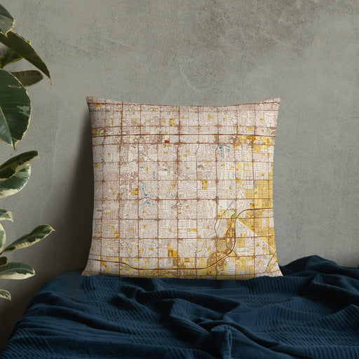 Custom Gilbert Arizona Map Throw Pillow in Woodblock on Bedding Against Wall