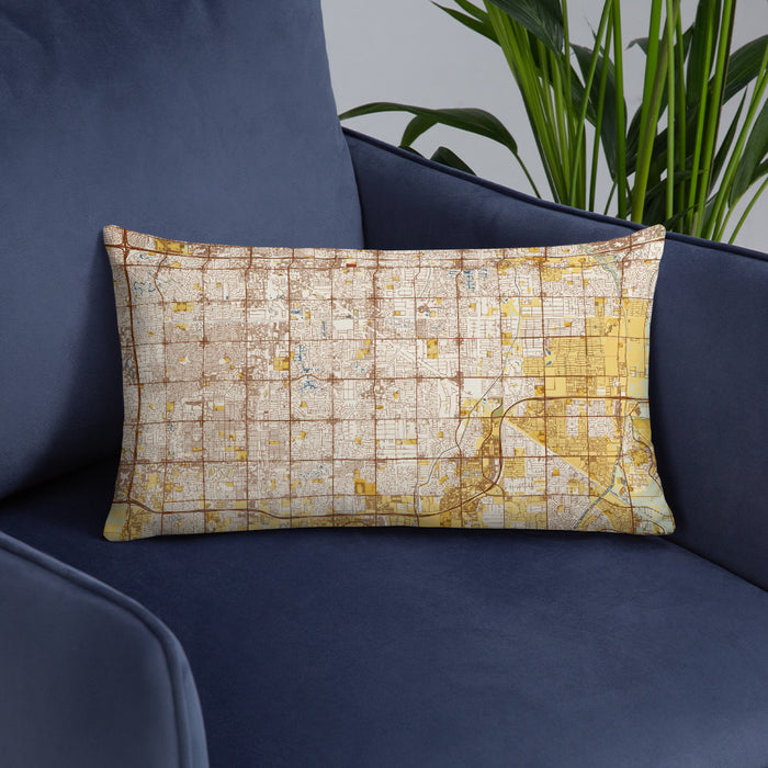 Custom Gilbert Arizona Map Throw Pillow in Woodblock on Blue Colored Chair
