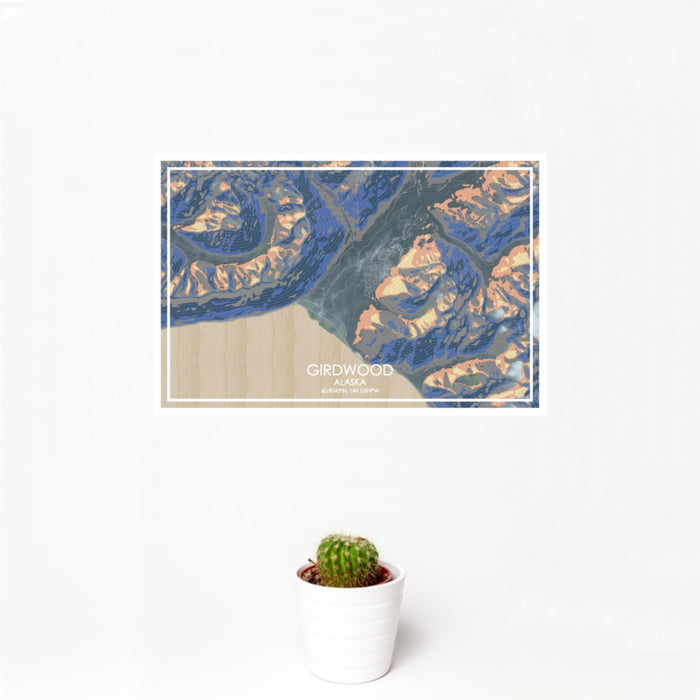 12x18 Girdwood Alaska Map Print Landscape Orientation in Afternoon Style With Small Cactus Plant in White Planter