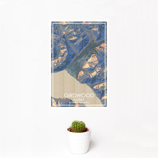 12x18 Girdwood Alaska Map Print Portrait Orientation in Afternoon Style With Small Cactus Plant in White Planter