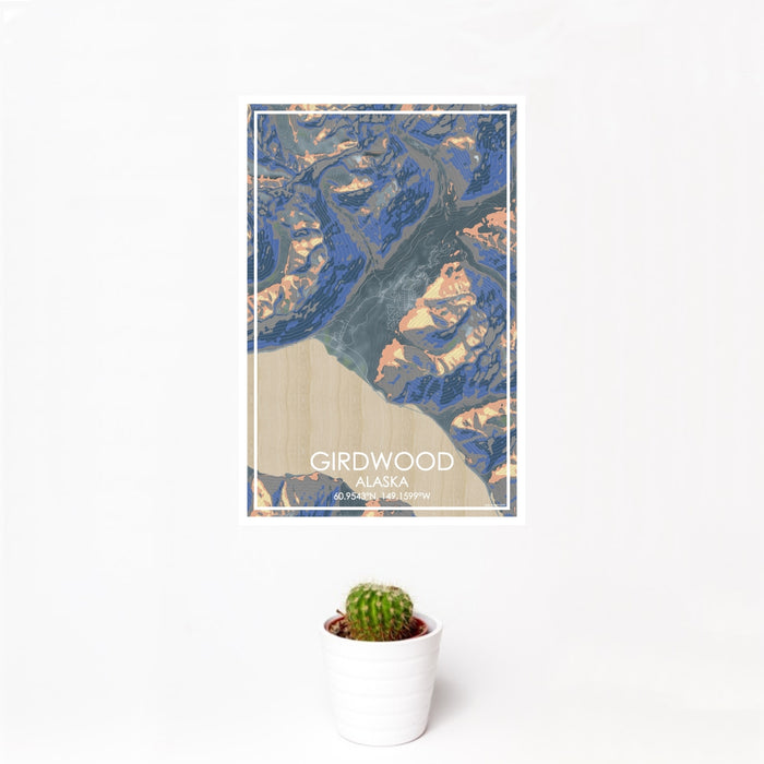 12x18 Girdwood Alaska Map Print Portrait Orientation in Afternoon Style With Small Cactus Plant in White Planter